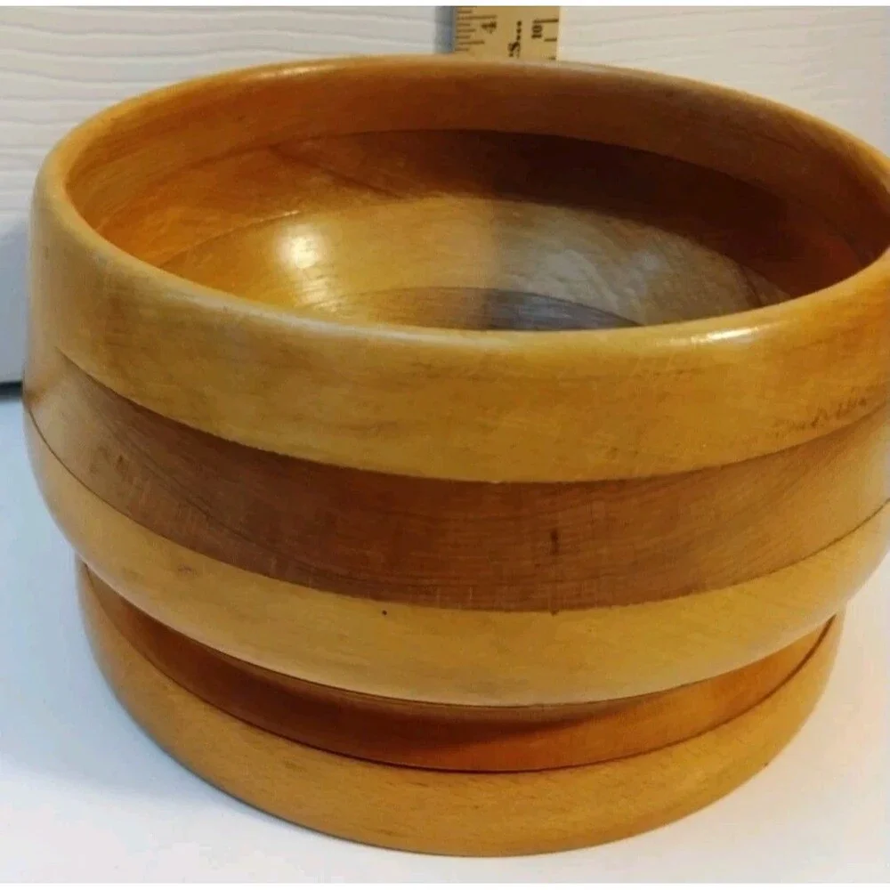 Vintage Mid Century Segmented Wooden Bowl Laminated Wood Layered Base 6.5